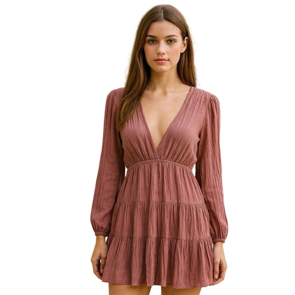 STORIA Dress Womans S Mini Rose Tiered Ruffle Long Sleeve V Neck